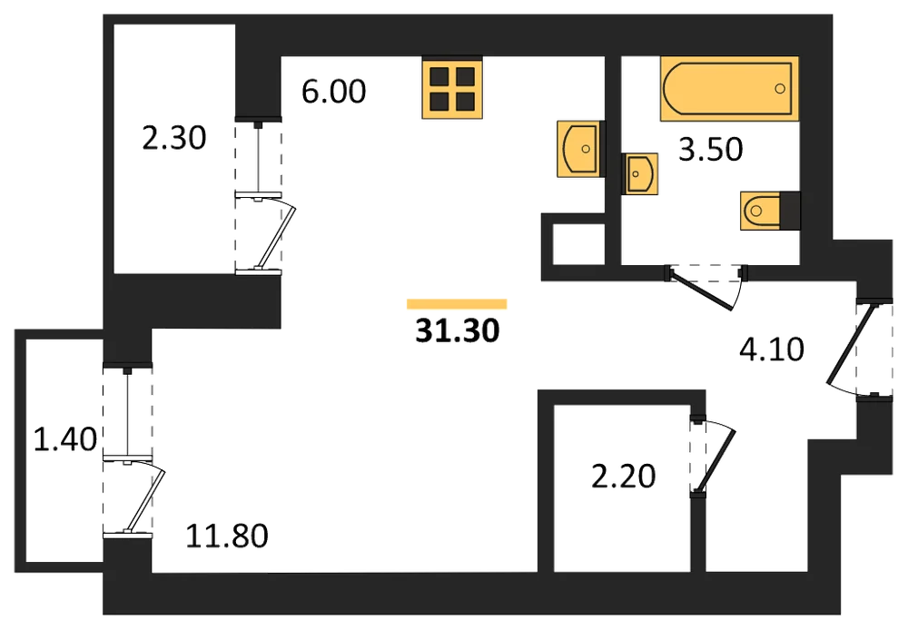 Планировка: Студия, 31,3 м²