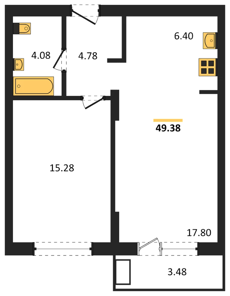 Планировка: 1-комн., 49,4 м²