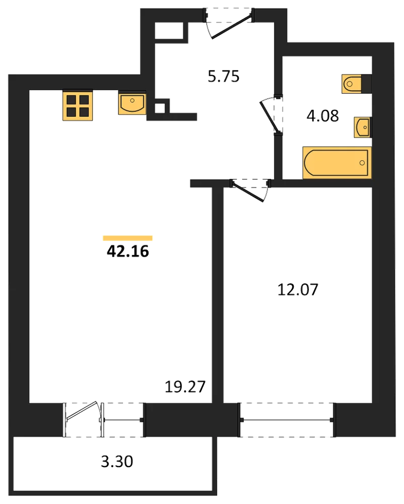 Планировка: 1-комн., 43,2 м²