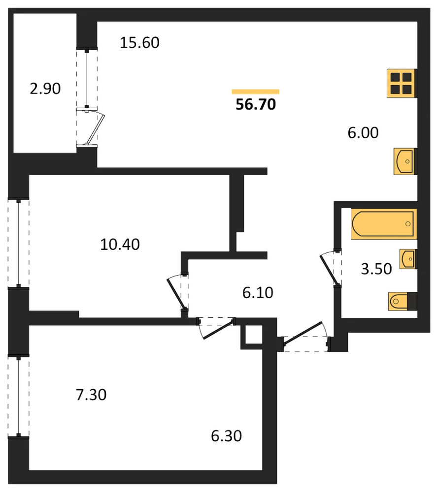 Планировка: 2-комн., 56,8 м²