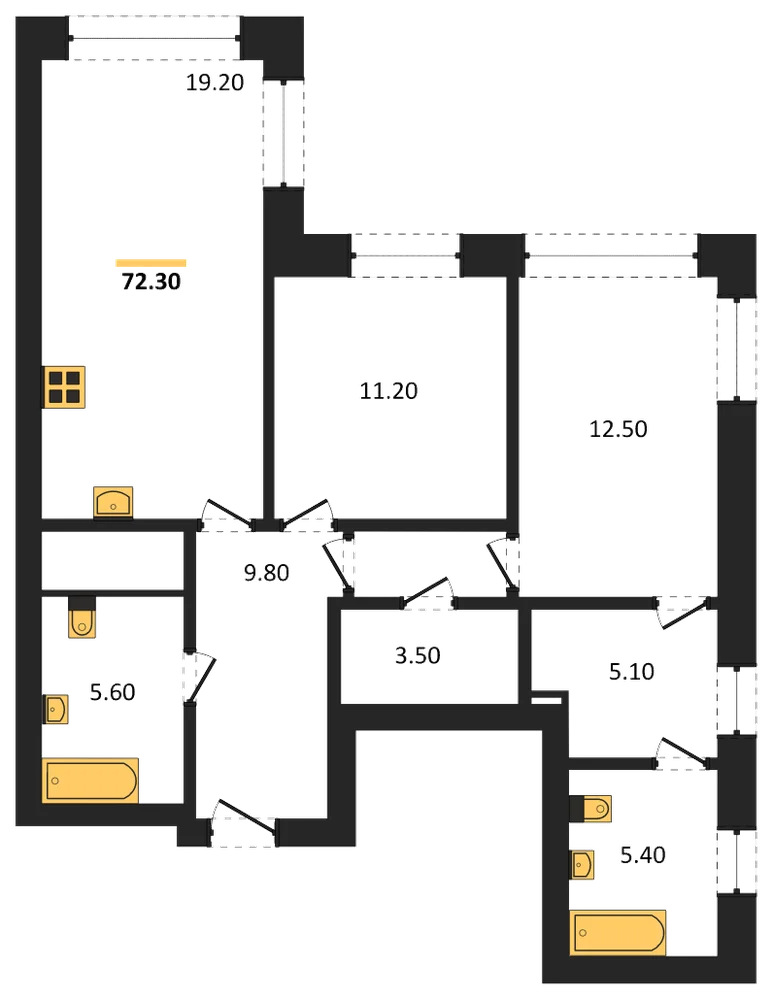 Планировка: 2-комн., 72,3 м²