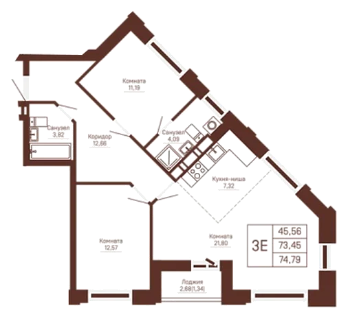 Планировка: 2-комн., 74,8 м²