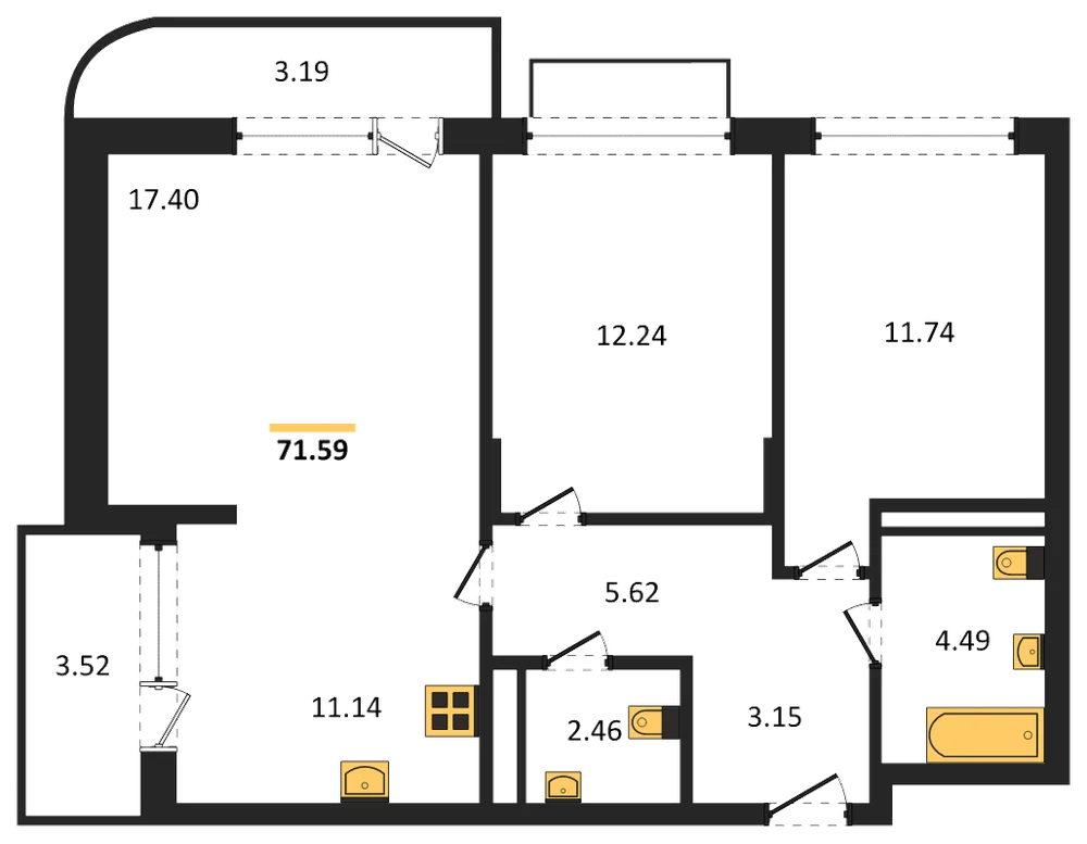 Планировка: 2-комн., 71,6 м²