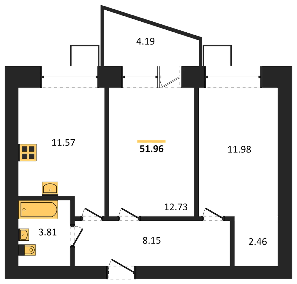 Планировка: 2-комн., 51,9 м²
