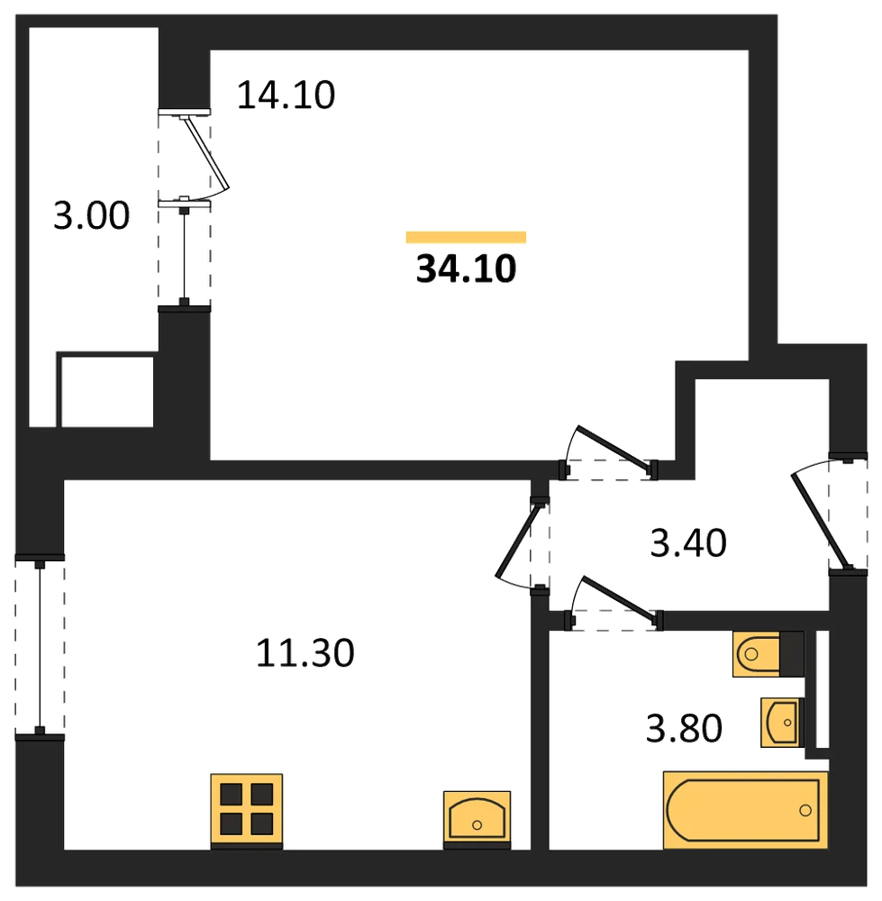 Планировка: 1-комн., 34,1 м²