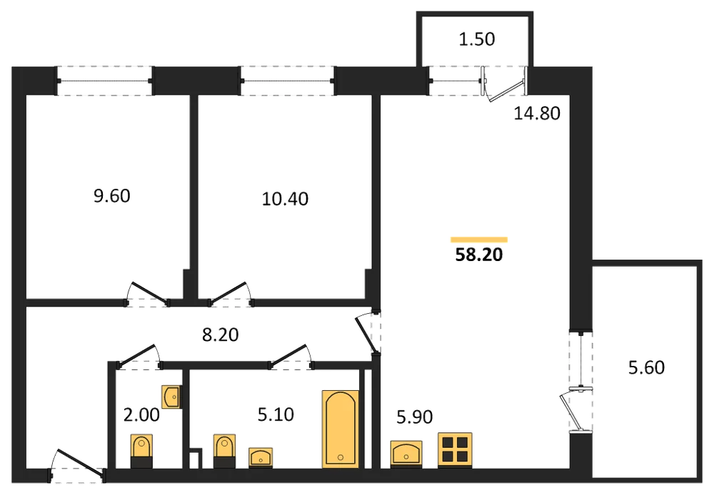 Планировка: 2-комн., 58,2 м²