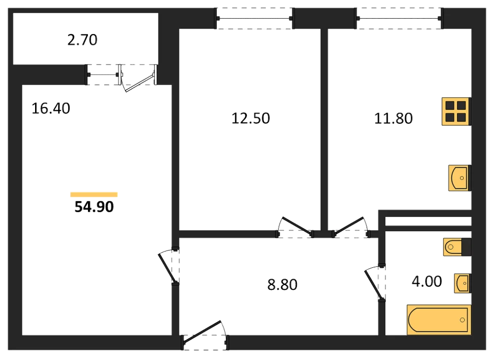 Планировка: 2-комн., 54,9 м²