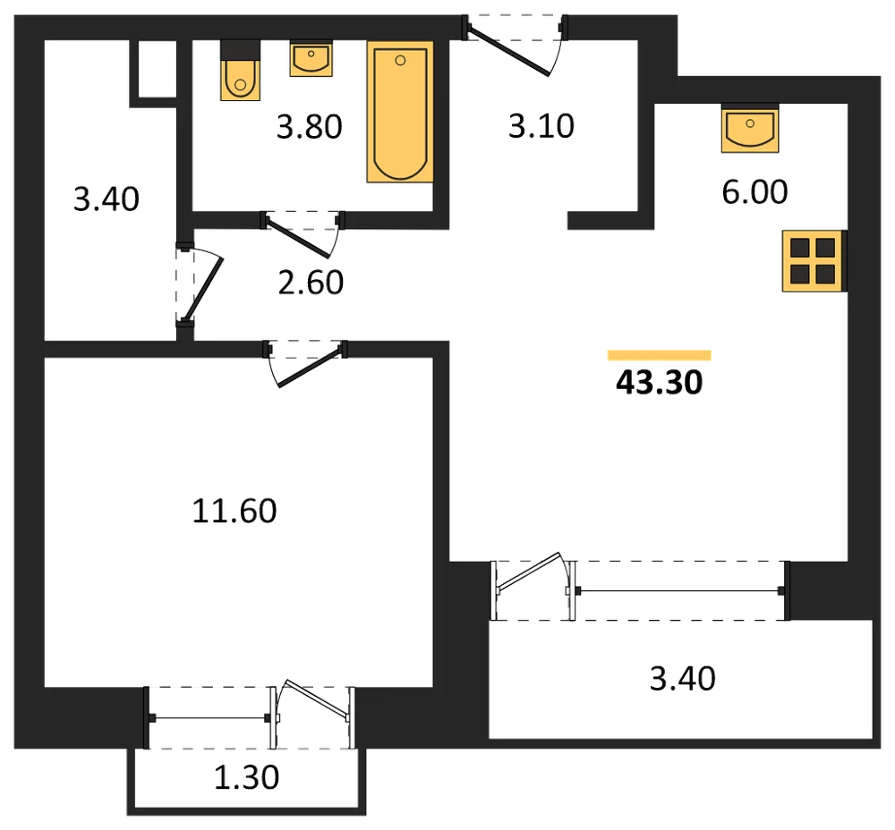 Планировка: 1-комн., 43,3 м²