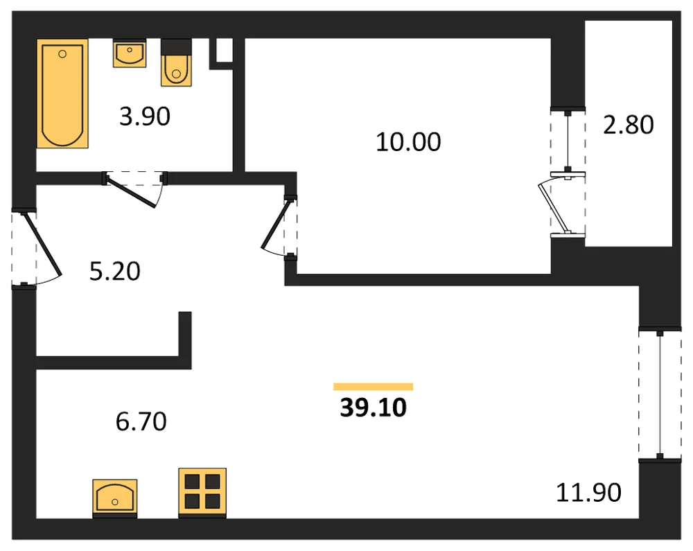 Планировка: 1-комн., 39,1 м²