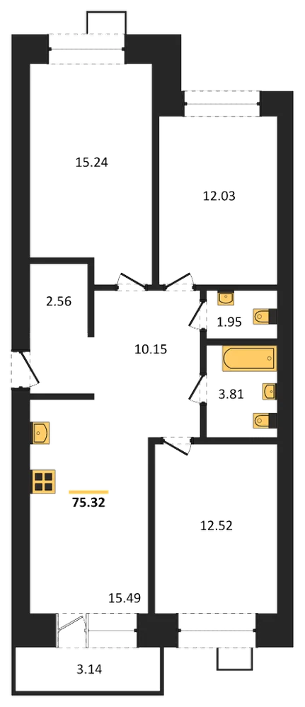 Планировка: 3-комн., 75,4 м²