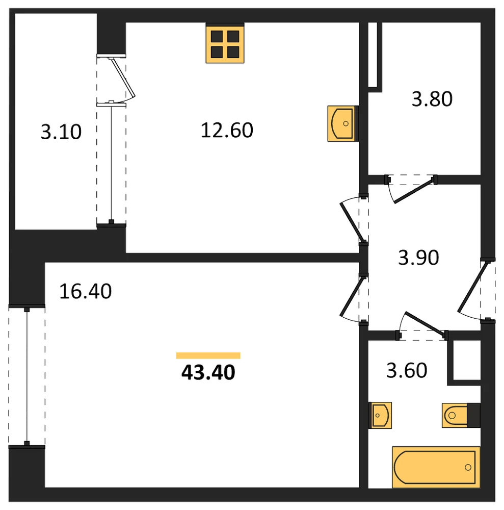 Планировка: 1-комн., 43,4 м²