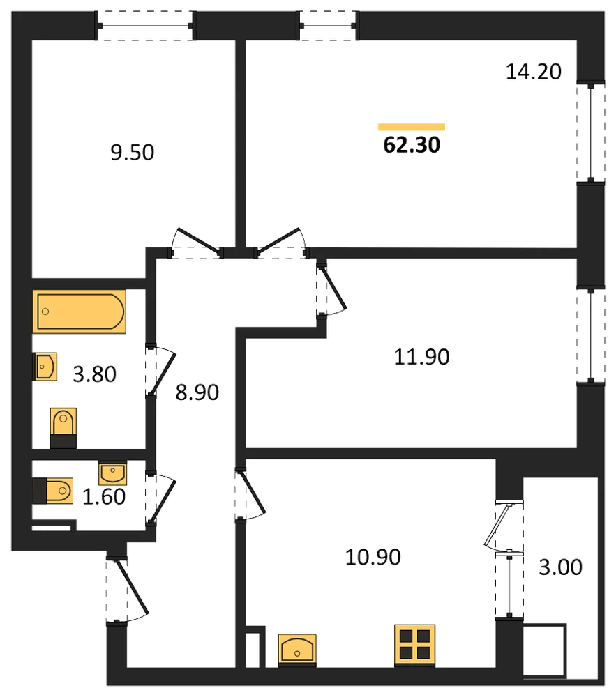 Планировка: 3-комн., 62,3 м²