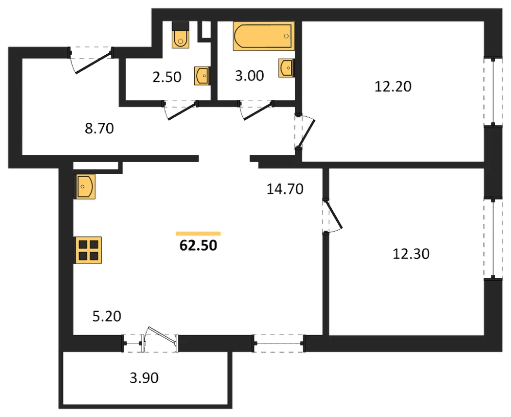 Планировка: 2-комн., 62,5 м²