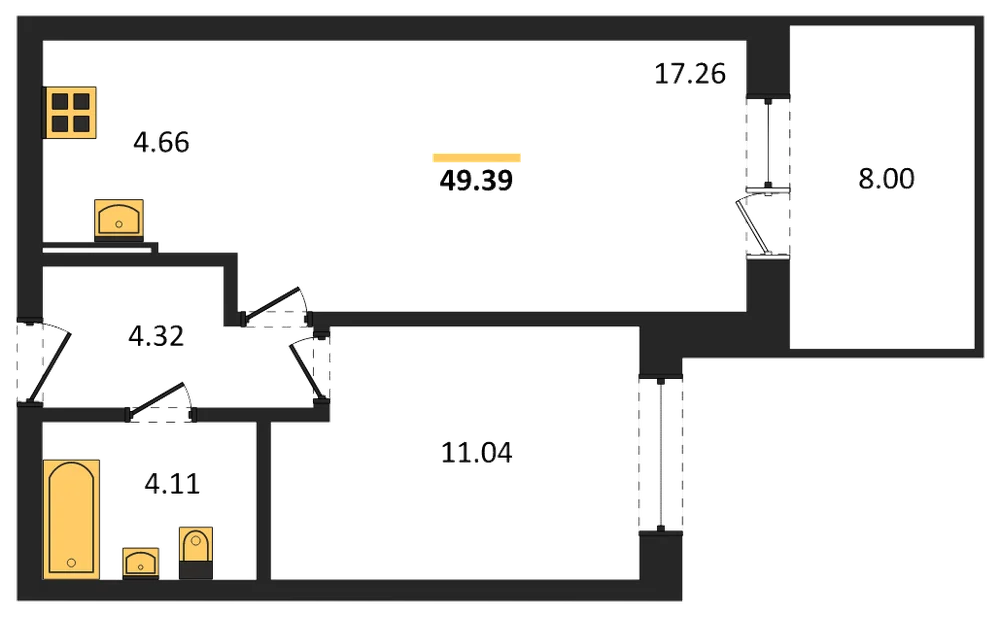 Планировка: 1-комн., 49,4 м²