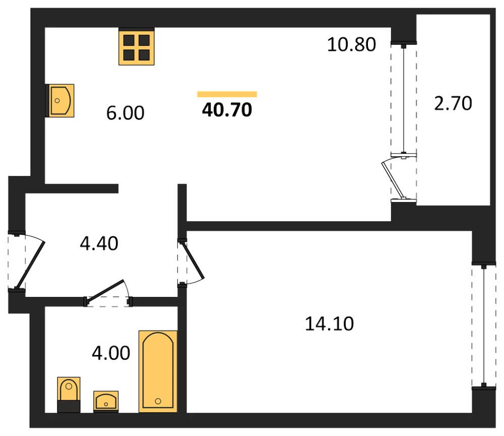 Планировка: 1-комн., 40,7 м²