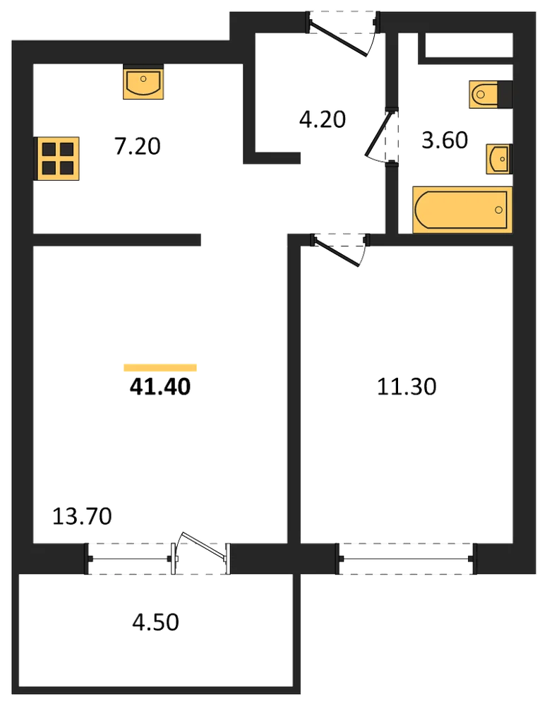 Планировка: 1-комн., 41,4 м²