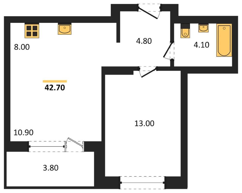 Планировка: 1-комн., 42,7 м²