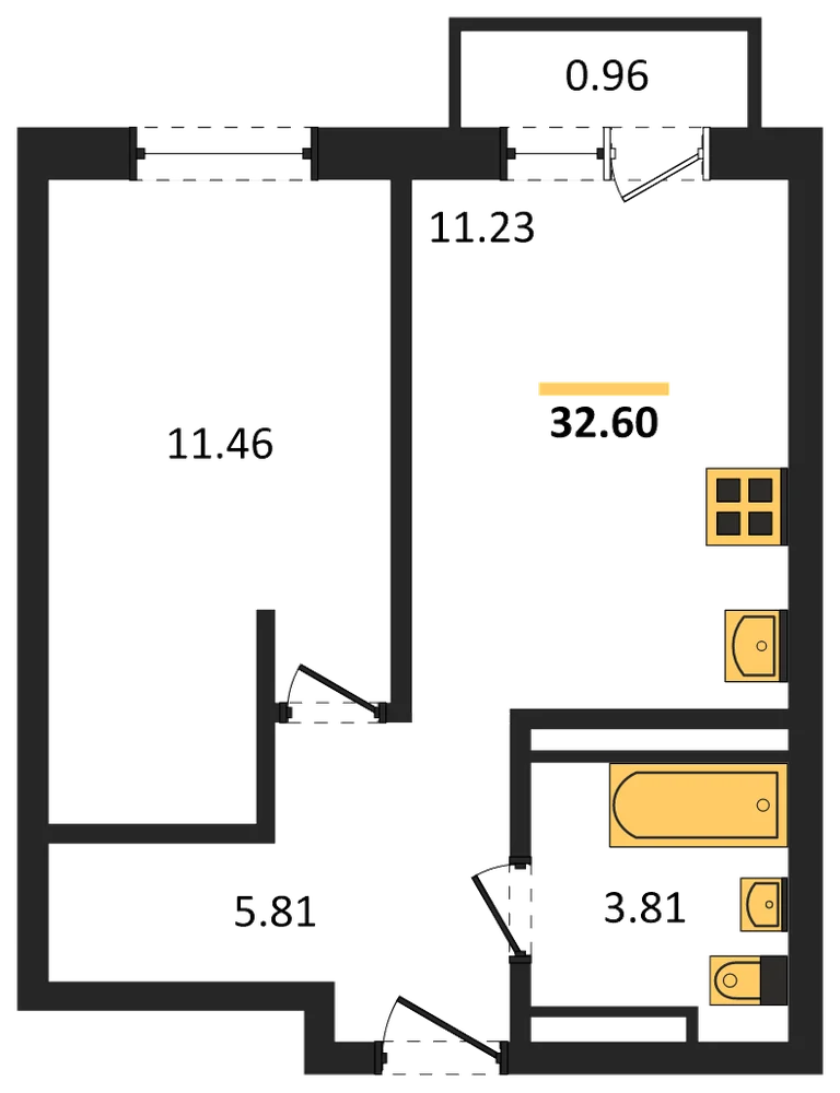 Планировка: 1-комн., 32,6 м²