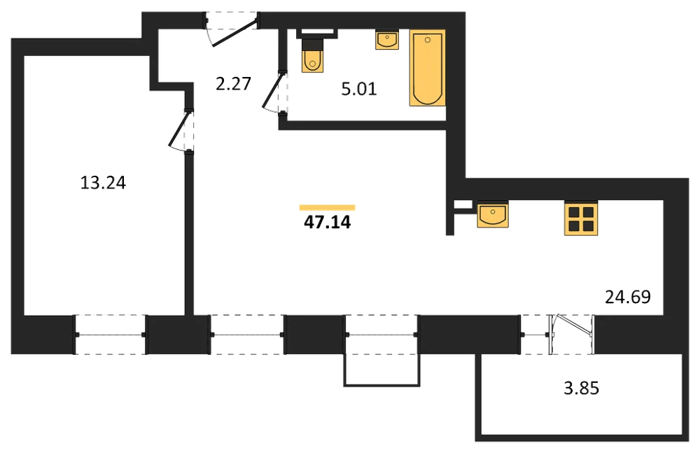 Планировка: 1-комн., 47,1 м²