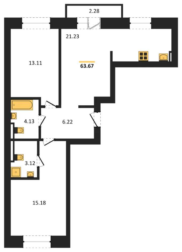 Планировка: 2-комн., 63,7 м²