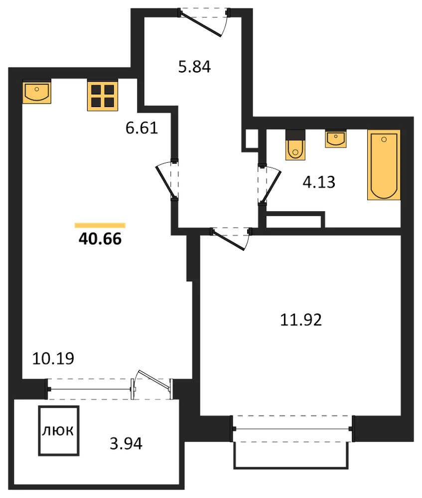 Планировка: 1-комн., 40,7 м²