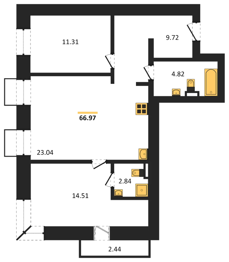 Планировка: 2-комн., 67 м²