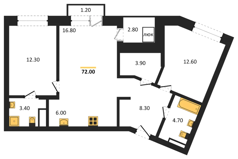 Планировка: 2-комн., 72 м²