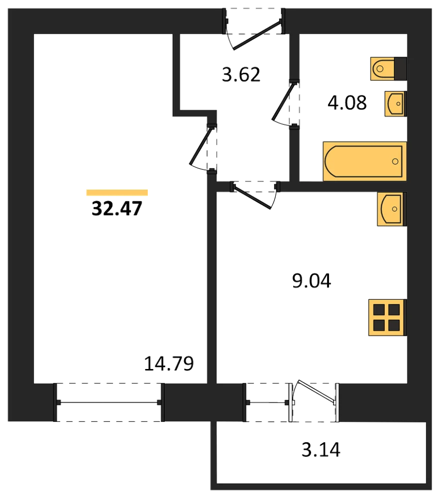 Планировка: 1-комн., 32,5 м²