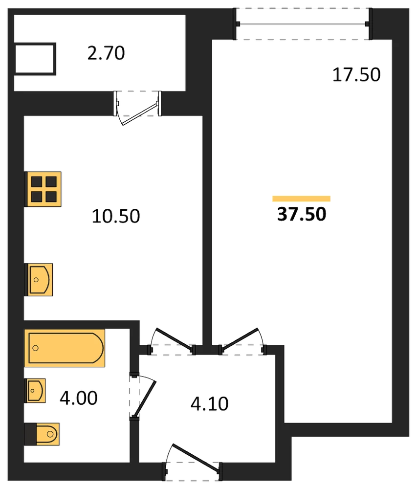 Планировка: 1-комн., 37,5 м²