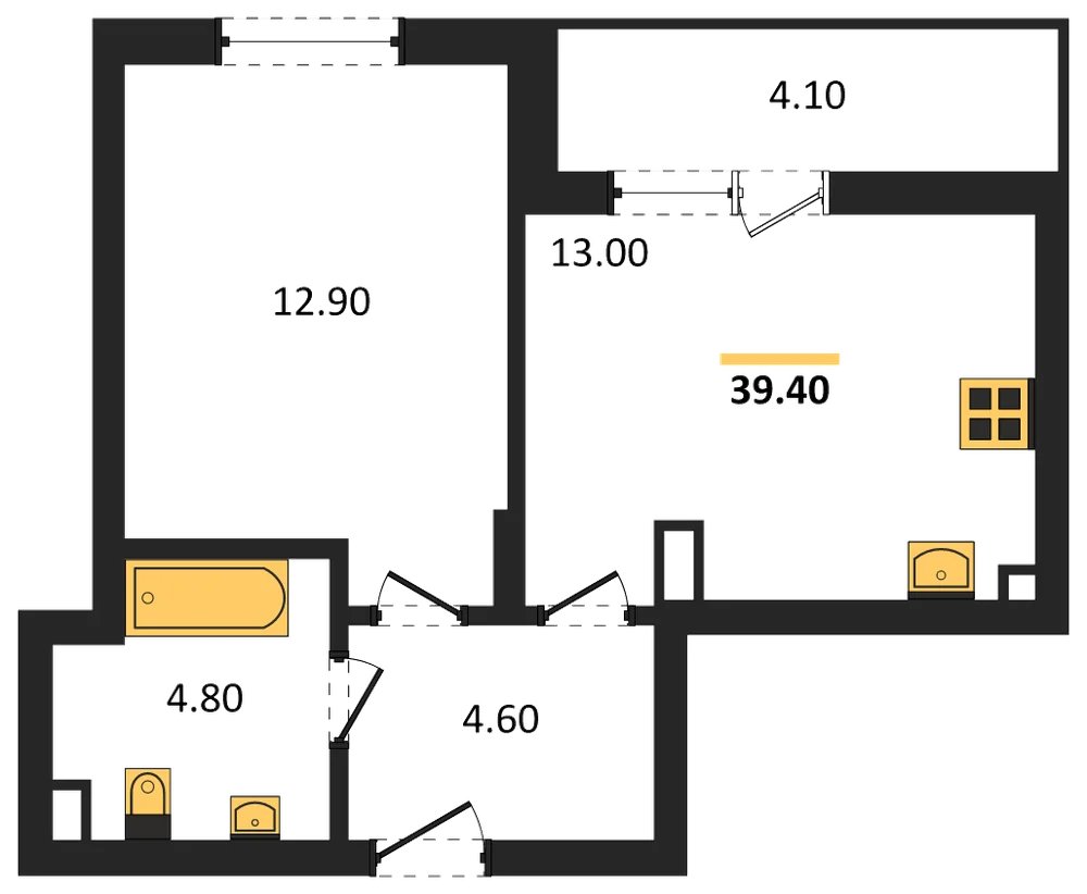 Планировка: 1-комн., 39,4 м²