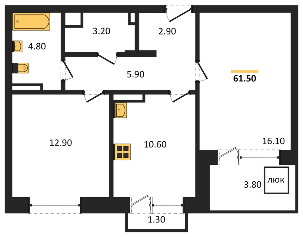 Планировка: 2-комн., 61,5 м²