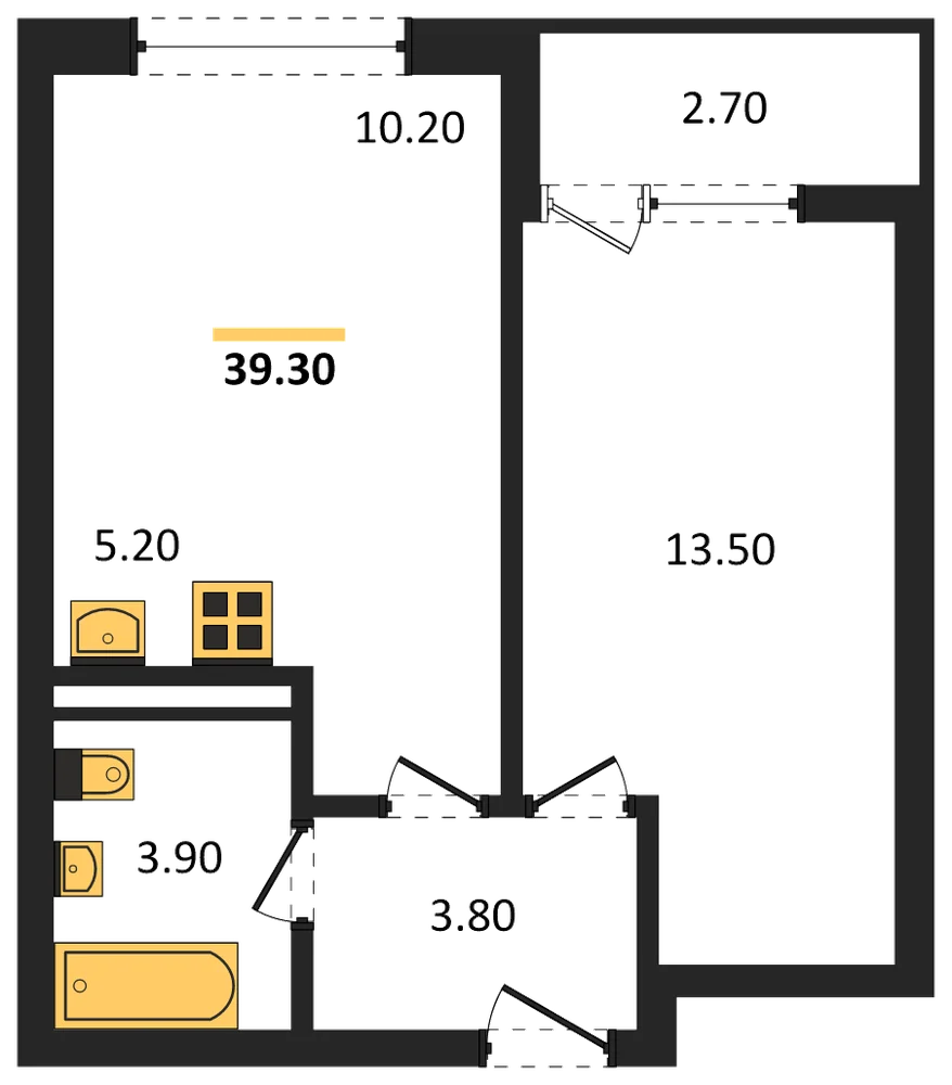 Планировка: 1-комн., 39,3 м²