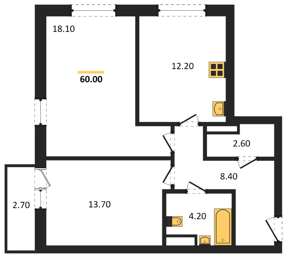 Планировка: 2-комн., 60 м²