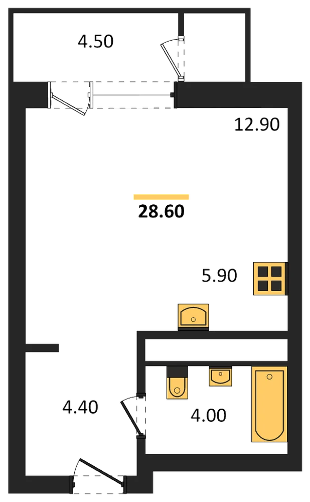 Планировка: Студия, 28,6 м²