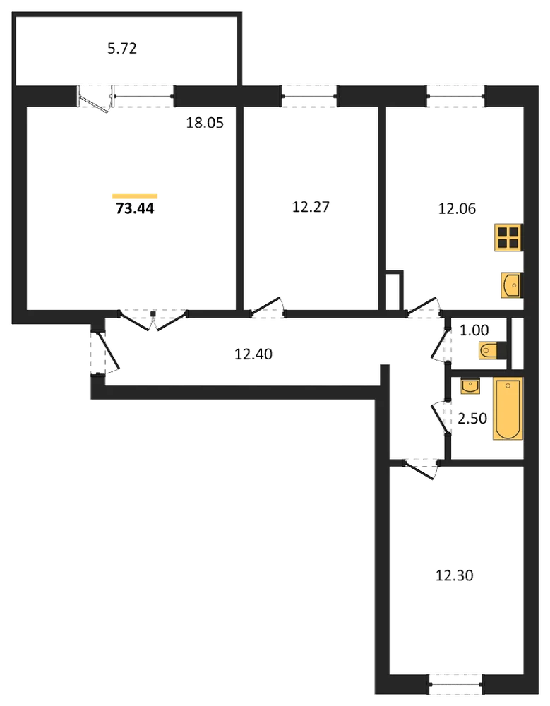 Планировка: 3-комн., 73,4 м²