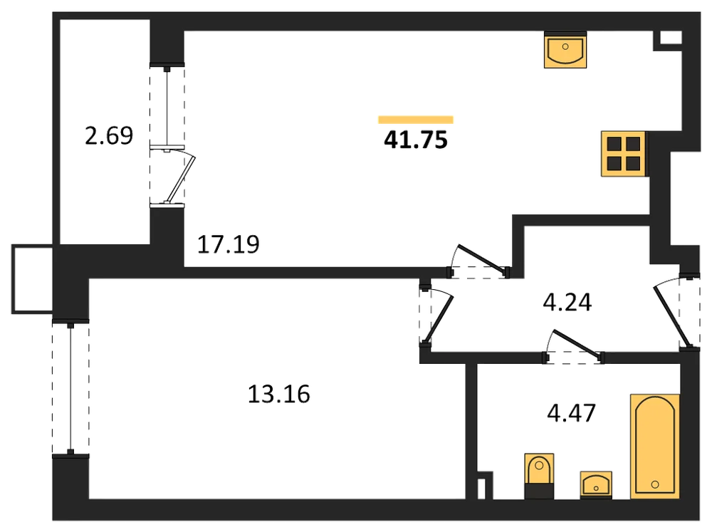 Планировка: 1-комн., 41,8 м²