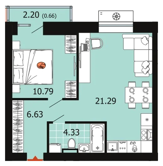 Планировка: 1-комн., 43,7 м²