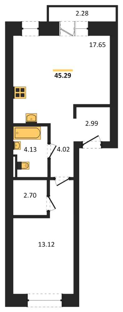 Планировка: 1-комн., 45,3 м²