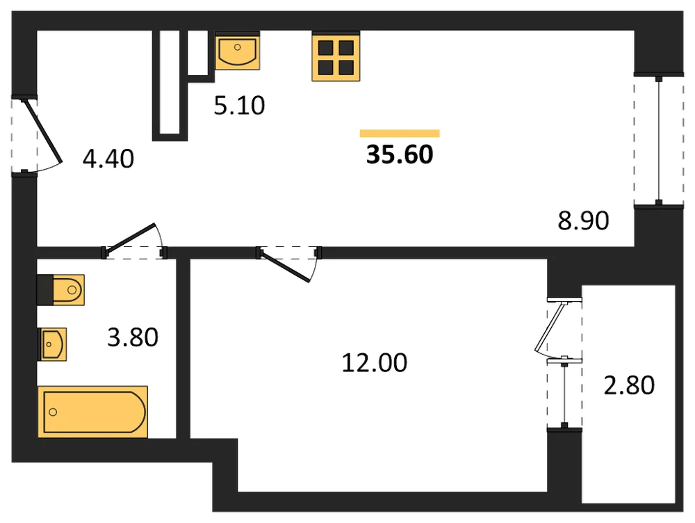 Планировка: 1-комн., 35,6 м²