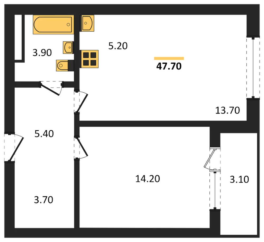 Планировка: 1-комн., 47,7 м²