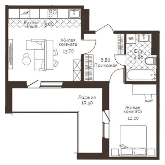 Планировка: 1-комн., 47,7 м²