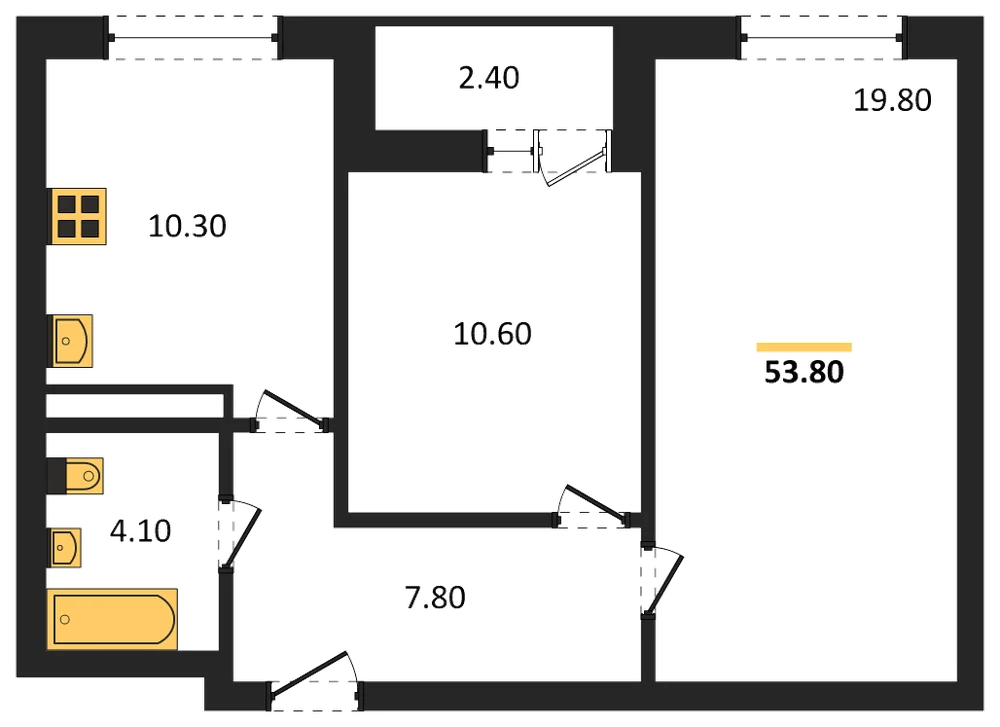 Планировка: 2-комн., 53,8 м²