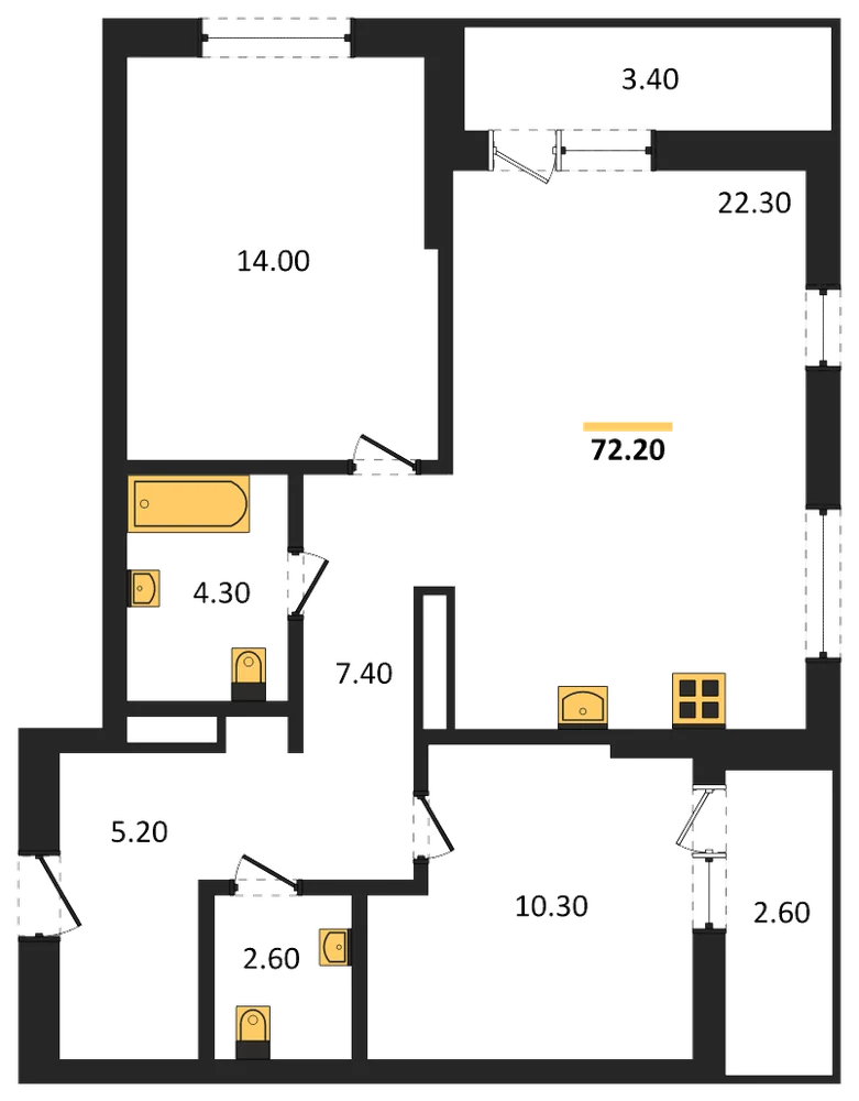 Планировка: 2-комн., 72,2 м²