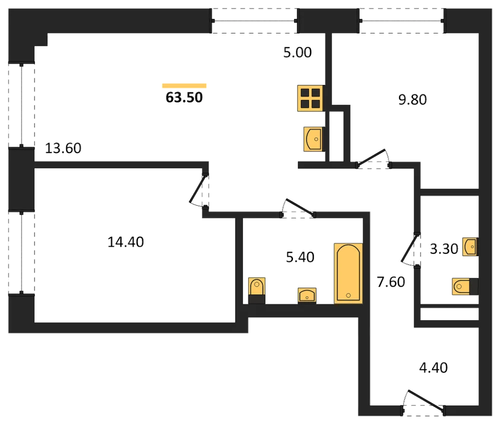 Планировка: 3-комн., 63,5 м²