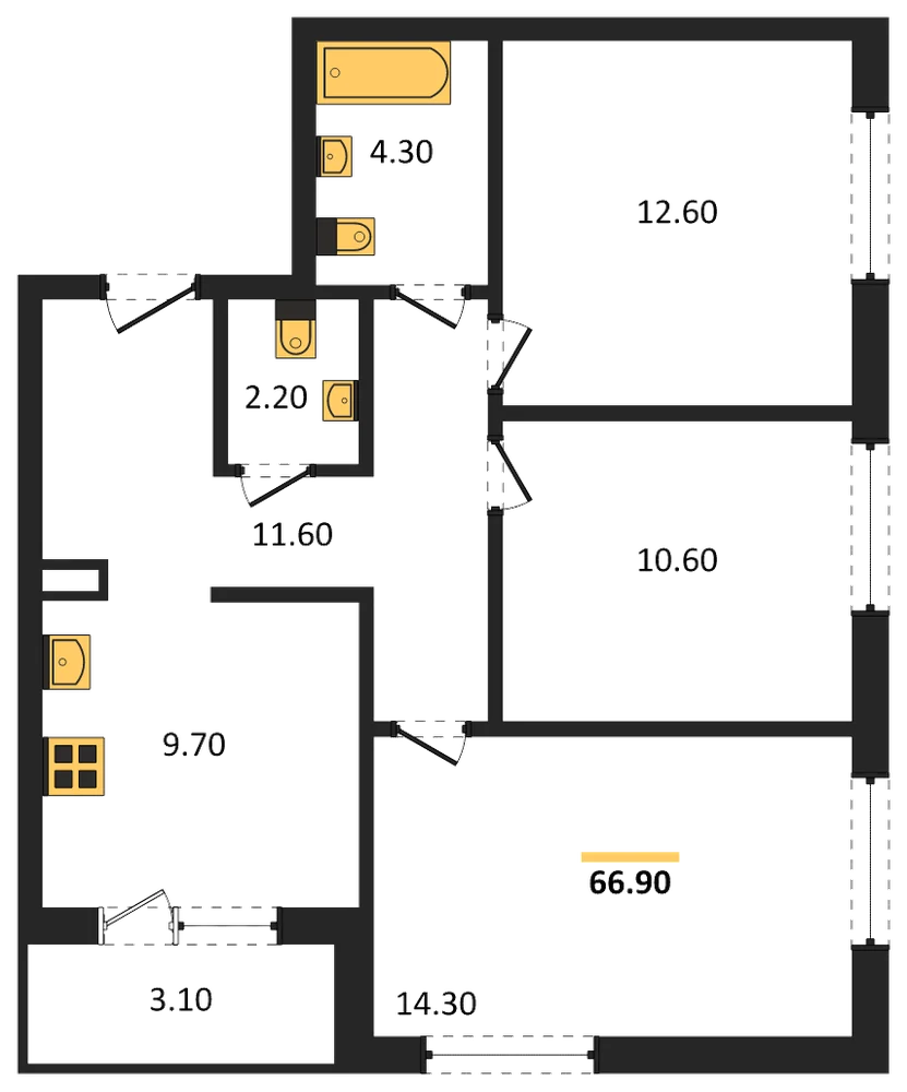 Планировка: 3-комн., 66,8 м²