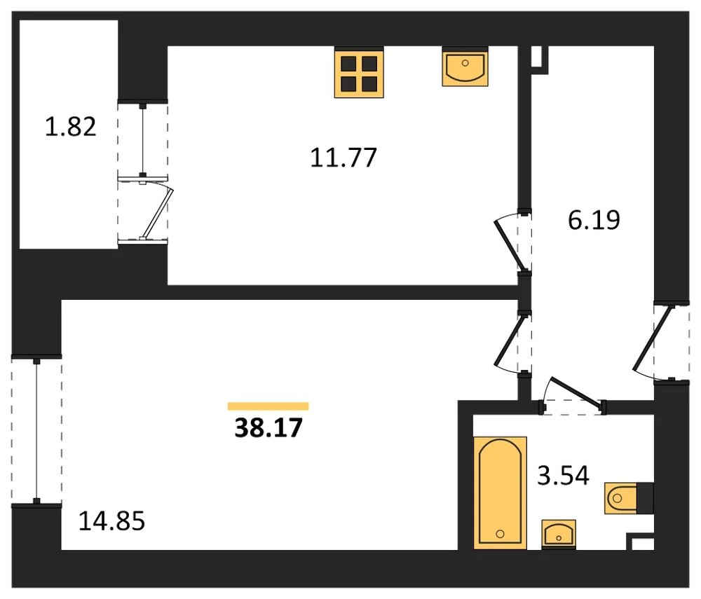 Планировка: 1-комн., 38,2 м²