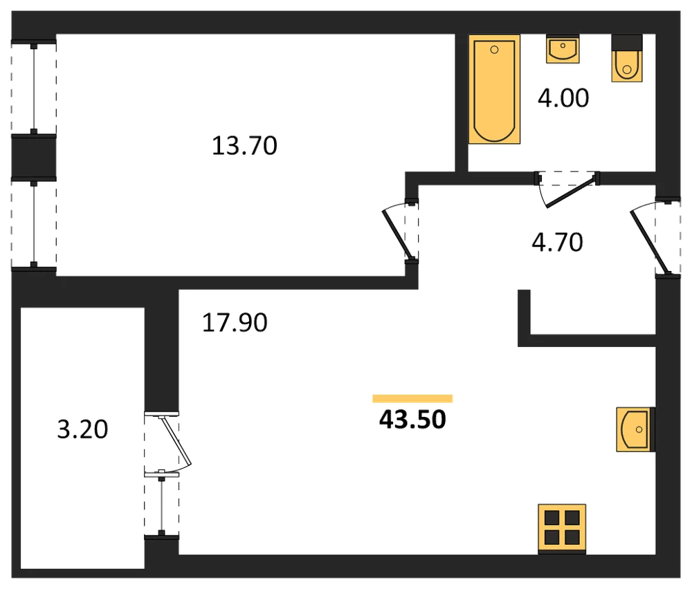 Планировка: 1-комн., 41,9 м²
