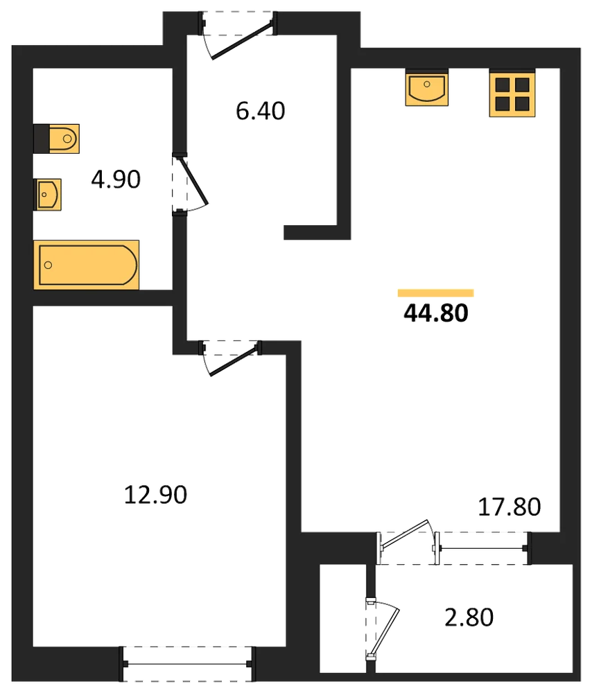 Планировка: 1-комн., 44,8 м²