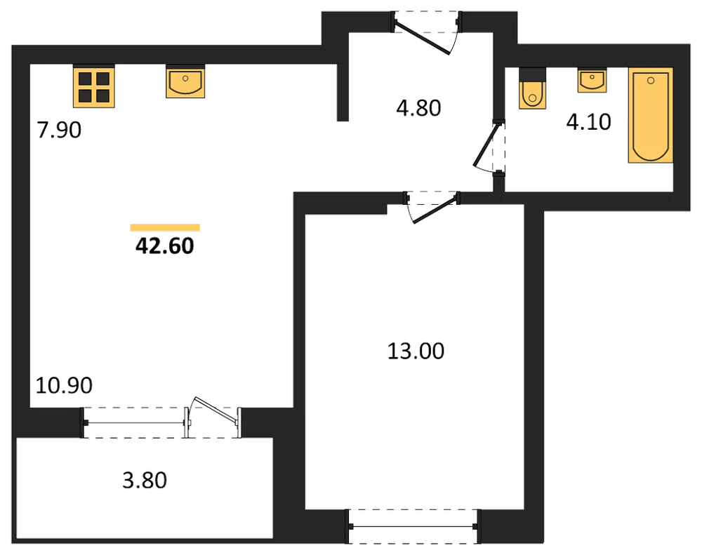 Планировка: 1-комн., 42,6 м²