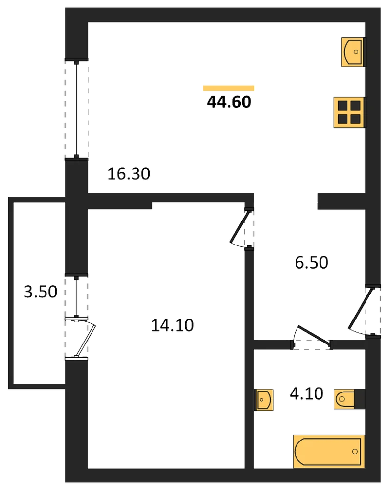 Планировка: 1-комн., 44,6 м²